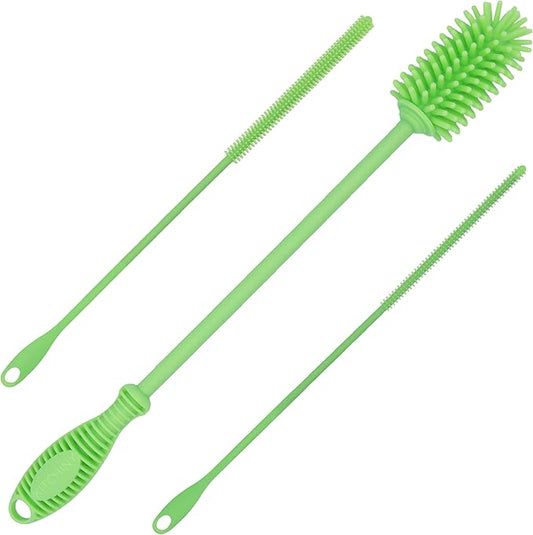 Kitchiny Silicone Bottle Brush with 2 Straw Cleaners - 12.5” Water Bottle Cleaner Brush for Yeti, Hydro Flask, Owala, Stanley, Baby Bottles, Glassware, Vases & Narrow Neck Containers - Green