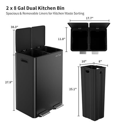 mVm Dual Trash Can, 16(2x8) Gal Large Step Trash Can with ABS Lid, Recycling Garbage Bin for Kitchen Home Office (Black)