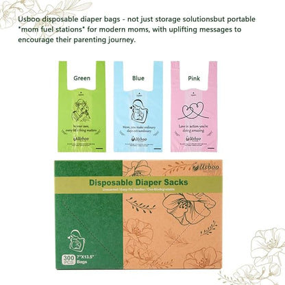 USBOO Diaper Bags Disposable for Baby, 300 Count Dirty Disposable Diaper Sacks, Easy-Tie Handles, Sanitary Napkin Disposal Bag, Diaper Disposal or Pet Waste Bags,Rainbow