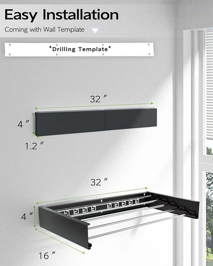 Vikaqi Wall Mounted Clothes Drying Rack 32", Foldable Wall Mount Laundry Rack Folding Indoor, Drying Rack Clothing Collapsible, Hidden Space Saver with Wall Template, 5 Rods, Black