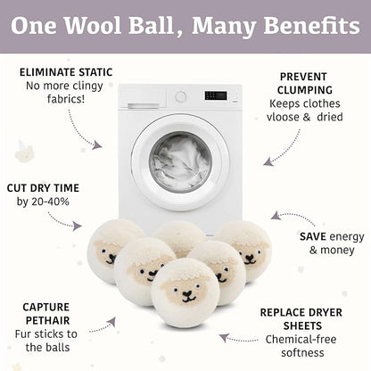 Wool Dryer Balls XL 6-Pack with Felt Storage Box, 100% Pure Wool Dryer Balls, Reusable Laundry Dryer Balls, Reduce Drying Time Wrinkles Static, Natural Fabric Softener Alternative (White Sheep)