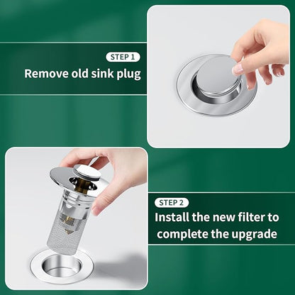 Vodolo 3 in 1 Sink Drain Strainer with Hair Catcher,8PCS Stainless Steel Popup Sink Stopper with Basket for Bathroom Kitchen Shower,Pop-up Bounce Core Floor Basin Drain Filter,Replacement Sink Plug