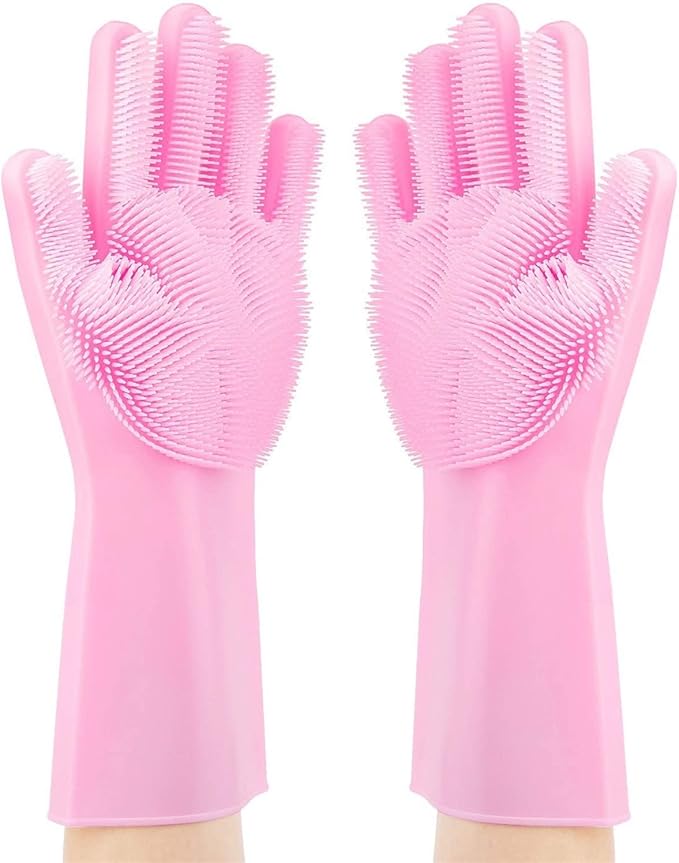 Silicone Scrubbing Gloves 12" Set of 3 Pairs for Kitchen, Bathroom, pet, Car Wash, Cleaning, Reusables