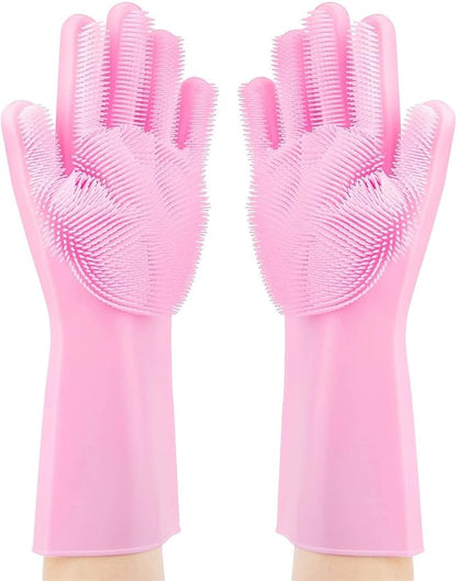 Silicone Scrubbing Gloves 12" Set of 3 Pairs for Kitchen, Bathroom, pet, Car Wash, Cleaning, Reusables