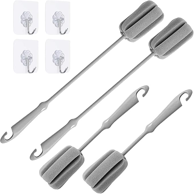 4 Pack Soft Sponge Bottle Cleaner Brush, Grey Plastic Handle Wine Glass Cup Brush Scrubber, Washing Brush Vase Bottle Pot Cleaning Brush with Traceless Hook, Long and Small Size 10” 15”