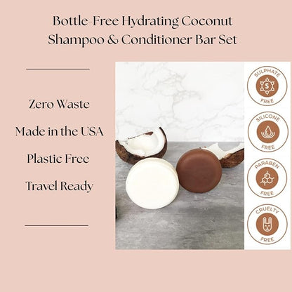 Hydrating Coconut Shampoo and Conditioner bar set, Organic Ingredients, All Hair Types, Sulfate-Free, Cruelty-Free & Vegan. One 3 ounce and one 2.3 ounce bars (Coconut)