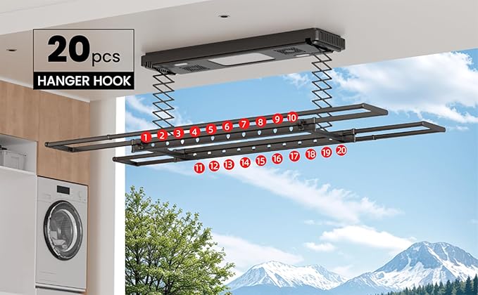 Ceiling Mounted Clothes Electric Ceiling Drying Rack 110V-120V, Ceiling Clothesline with Built-in Timer Heater,withDrying/Remote and Light 24W for Laundry/Indoors/Garage