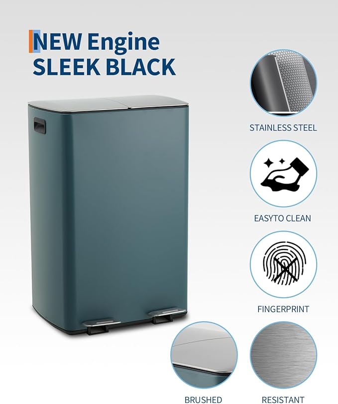 16 Gallon (60L) Dual Compartment Step Trash Can, Stainless Steel Kitchen Garbage Can for Trash and Recycling, Soft Close Lid, Odor Control, Hands Free, Black