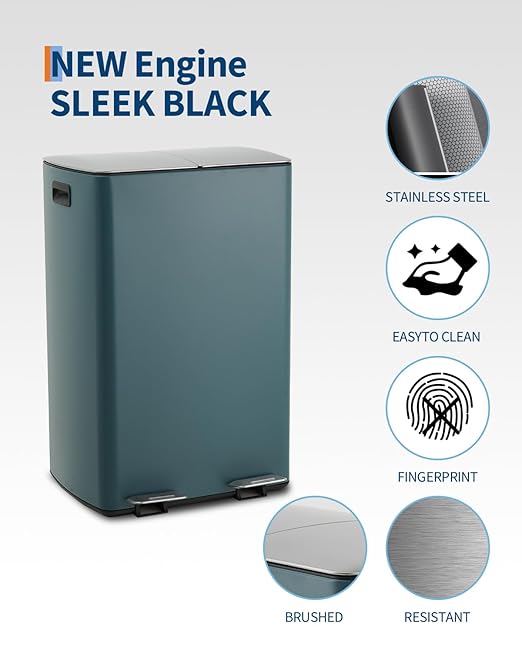 OUTLANE 2 x 8 Gal (2 x 30L) Dual Compartment Step Trash Can, Stainless Steel Kitchen Garbage Bin withSoft-Close Lid, Odor Control, Hands-Free Pedal for Trash and Recycling – Light Blue