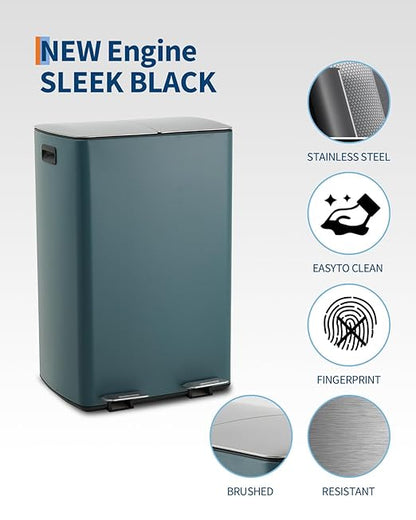 Takywep 60 L / 16 Gal Dual Compartment Step Trash Can, Hands-Free Recycling Bin, Soft-Close Lid, Brushed Stainless Steel for Kitchen, Home, Office, Garage