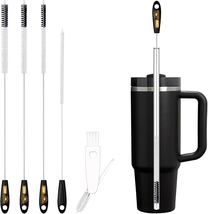 5 Pack Straw Cleaning Brush Set, 15" Extra Long Straw Cleaner Brush, 4 Sizes Reusable Straw Cleaner Brush, 3-In-1 Cup Lid Cleaning Brush for Stanley/Owala/Yeti/Hydro, Sturdy Brush Bristles(Black)