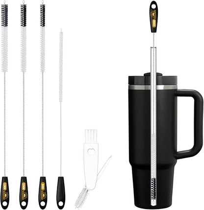 5 Pack Straw Cleaning Brush Set, 15" Extra Long Straw Cleaner Brush, 4 Sizes Reusable Straw Cleaner Brush, 3-In-1 Cup Lid Cleaning Brush for Stanley/Owala/Yeti/Hydro, Sturdy Brush Bristles(Black)