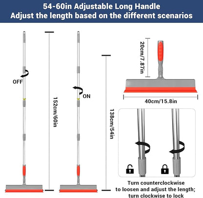 Floor Squeegee for Concrete Floor, 15.8" Large Heavy Duty Squeegee for Floor with 60" Adjustable Handle, 2-in-1 Silicone & EVA Blade for Garage,Concrete,Tile,Bathroom,Window Glass Cleaning