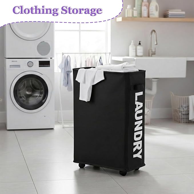 Black Rolling Laundry Hamper, Slim Laundry Basket with Wheels for Small Spaces, 42L Tall Narrow Dirty Clothes Hamper, Collapsible Laundry Bin for Bedroom Dorm Laundry Room