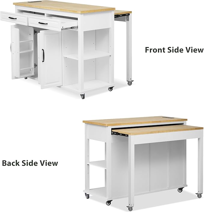 47" Kitchen Island with Extendable Dining Table, Movable Farmhouse Kitchen Islands with Storage Rack, Power Outlet, Island Table on Wheels with 2 Storage Drawers & 2 Cabinets, White