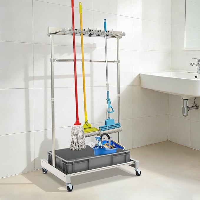 Broom Mop Holder Cleaning Supplies Organizer, Mobile Mop Rack with Water Basin & 12 Hooks, Freestanding Cleaning Tool Cart Storage Rack for Home Garden Garage Schools Hotels (Grey Basin)