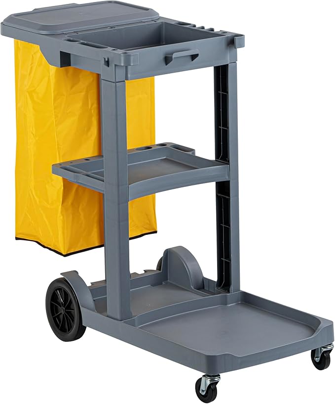 Restaurantware-Clean Tek Professional Janitor Cart with Wheels, 1 Cleaning Trolley with Cover and 18 Gallon Bag - 3 Shelves, Heavy-Duty, Gray Plastic Commercial Janitorial Cart, for Restaurants