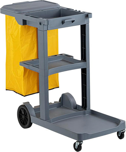 Restaurantware-Clean Tek Professional Janitor Cart with Wheels, 1 Cleaning Trolley with Cover and 18 Gallon Bag - 3 Shelves, Heavy-Duty, Gray Plastic Commercial Janitorial Cart, for Restaurants
