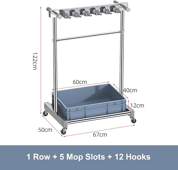 Movable Broom Mop Holder, Floor Standing Cleaning Tool Cart Storage, Freestanding Cleaning Supplies Organizer Wet Mop Drain Rack Housekeeping Station Storage Tools for Home Garage Schools
