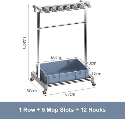 Movable Broom Mop Holder, Floor Standing Cleaning Tool Cart Storage, Freestanding Cleaning Supplies Organizer Wet Mop Drain Rack Housekeeping Station Storage Tools for Home Garage Schools
