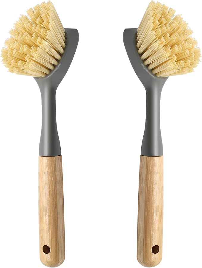 Jiozermi 2 Pcs Kitchen Scrub Brush with Bamboo Handle, Dishwashing Brush Built-in Scraper, Dish Scrubber for Kitchen Cleaning, Pots, Pans, Sink, Counter and Cast Iron Cookware