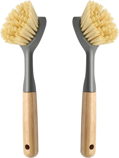 Jiozermi 2 Pcs Kitchen Scrub Brush with Bamboo Handle, Dishwashing Brush Built-in Scraper, Dish Scrubber for Kitchen Cleaning, Pots, Pans, Sink, Counter and Cast Iron Cookware