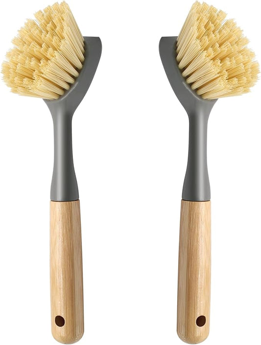 Jiozermi 2 Pcs Kitchen Scrub Brush with Bamboo Handle, Dishwashing Brush Built-in Scraper, Dish Scrubber for Kitchen Cleaning, Pots, Pans, Sink, Counter and Cast Iron Cookware