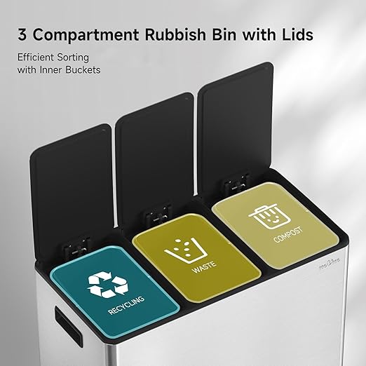 mVm 3 Compartment Trash Can, 12(3x4) Gal Triple Step Trash Can with Thick Lids, Modern Kitchen Office Garbage Can（Silver）
