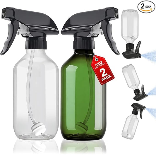 2 Packs Plastic Spray Bottles 360°Water Spray Bottle for Cleaning - 10 oz/300 ml Upside Down Spray Bottle Small Squirt Bottle with Adjustable Nozzle for Hair, Cooking, Plant, Pet (Clear + Green)