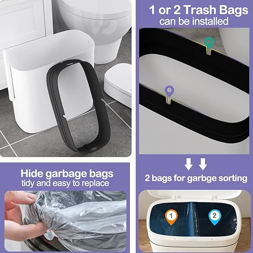 Bathroom Trash Can with Lid, 14 Liter/ 3.7 Gallon Bathroom Trash Can and Toilet Brush Set for Restroom, Bedroom, Living Room, Office, White Lid