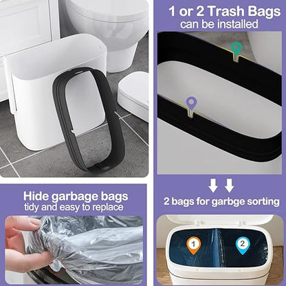 Bathroom Trash Can with Lid, 14 Liter/ 3.7 Gallon Bathroom Trash Can and Toilet Brush Set for Restroom, Bedroom, Living Room, Office, White Lid
