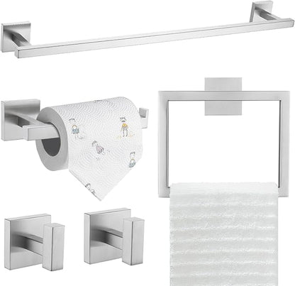 TQKAG 5-Piece Bathroom Hardware Set Brushed Nickel Classic Wall Mounted SUS304 Stainless Steel Bathroom Accessories Set 23.6" Towel Rack for Bathroom, Brushed Nickel