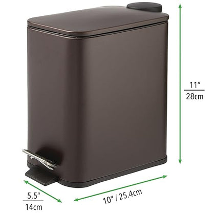 mDesign Rectangular Pedal Bin – 5 L Metal Waste Bin with Pedal, Lid and Plastic Bucket Insert – Household Rubbish Bin for Bathroom, Kitchen and Office – Bronze
