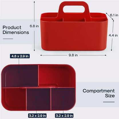 Multiuse Caddy Organizer with Handle, Portable Divided Plastic Tote Bin - Art Craft, Stationary Pen Marker Crayons, Makeup Hair Supplies Storage - Bathroom, Classroom, Dorm, Office, Desk Holder - Red