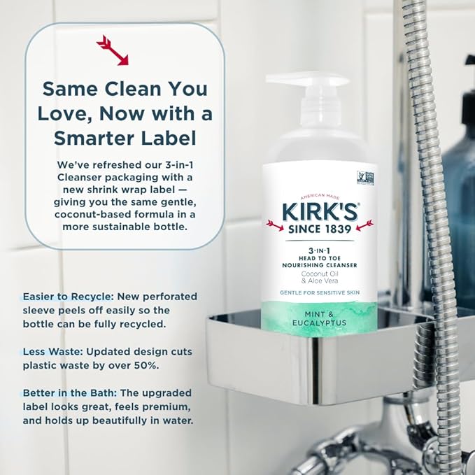 Kirk's Mint and Eucalyptus 3-in-1 Nourishing Cleanser, Shampoo Body Wash Bubble Bath, Coconut Oil and Aloe Vera, Vegan Non-GMO, 32 Fl Oz, Pack of 2