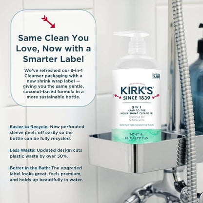 Kirk's Mint and Eucalyptus 3-in-1 Nourishing Cleanser, Shampoo Body Wash Bubble Bath, Coconut Oil and Aloe Vera, Vegan Non-GMO, 32 Fl Oz, Pack of 2