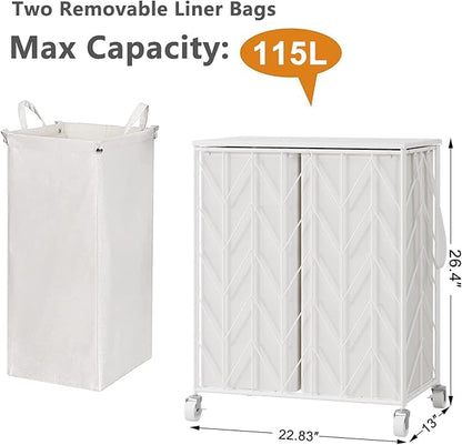 WOWLIVE Laundry Basket with Wheels, Heavy Duty Laundry Hamper with Wood Lid, Clothes Hamper with Divided Removable Liner Bag, Large Capacity Iron-Made Laundry Sorter Laundry Room Organization (White)