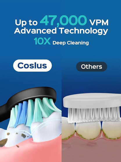 COSLUS C40 Sonic Electric Toothbrush for Adults: 47000 VPM for Deep Cleaning & Whitening with Travel Case - 5 Modes for Sensitive Teeth & Braces, Wireless Charging, 6 Brush Heads, Black & Green (2PCS)