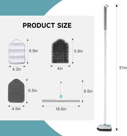 nacena Shower Scrubber with Long Handle, 4 in 1 Tile Tub Scrubber Brush with 3 Detachable Cleaning Shower Heads and Floor Squeegee Shower Cleaner Brush for Bathroom Kitchen Tub Sink Floor, Blue White