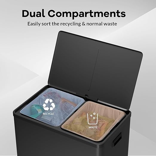 Large Stainless Steel Dual Compartment Recycling Trash Can 60 l/16 Gal Recycle Bins with Lid Waste Bin with Removable Buckets, Bathroom,Kitchen Garbage Can,Black
