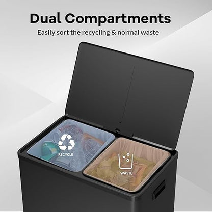 Large Stainless Steel Dual Compartment Recycling Trash Can 60 l/16 Gal Recycle Bins with Lid Waste Bin with Removable Buckets, Bathroom,Kitchen Garbage Can,Black