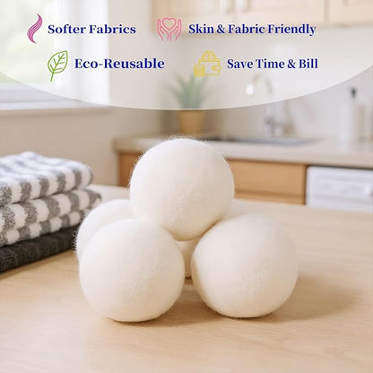Wool Dryer Balls 6-Pack L - Natural Reusable Laundry Fabric Softener, Reduces Wrinkles & Drying Time, Hypoallergenic, Leaves Fabrics Naturally Soft and Fluffy