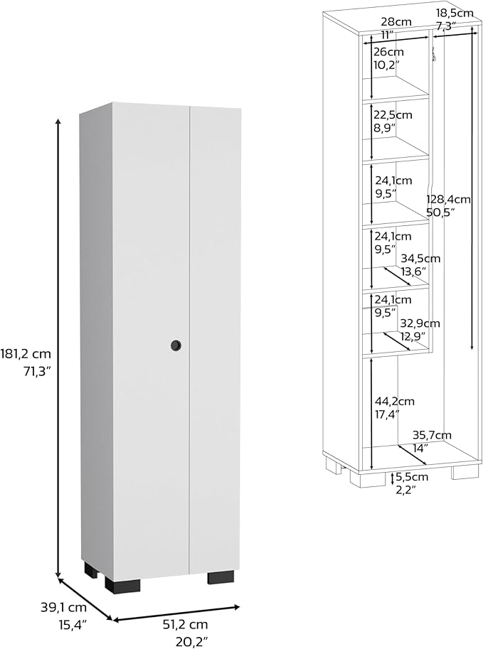 DEPOT E-SHOP Attica Broom Cabinet Double-Door Design with Inner Shelves and Side Hangers, White