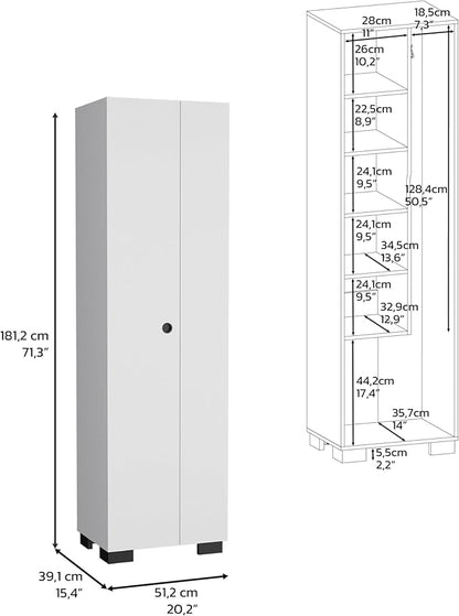 DEPOT E-SHOP Attica Broom Cabinet Double-Door Design with Inner Shelves and Side Hangers, White