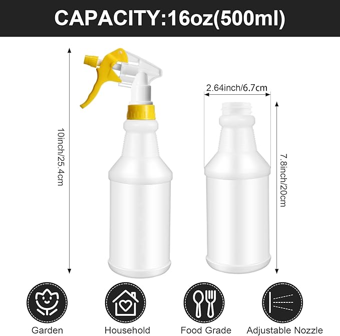 Eccliy 12 Pcs 16 Oz Plastic Spray Bottle, Adjustable Empty Reusable Sprayer for Cleaning, Planting, Water, Bathroom and Kitchen, BBQ, Commercial and Residential (Original,Black,Yellow)