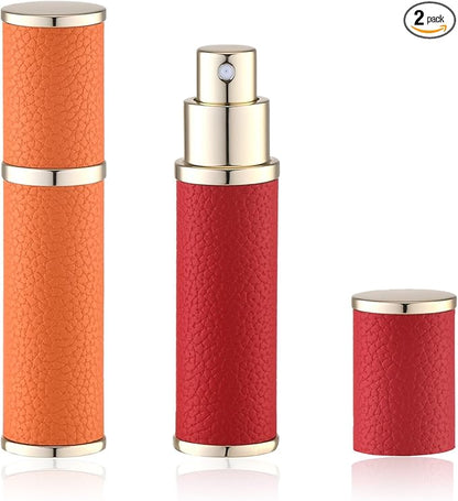 Fusupak Travel Perfume Bottle Refillable - Mini Portable Cologne Atomizer Sprayer - Empty Travel Size Fragrance Pump Dispenser Container for Men - 10ml Orange Red 2PCS Small Leather Refill Sample
