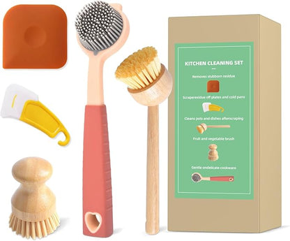 5 in 1 Dish Brush Set with Scraper, Kitchen Scrub Brush for Cleaning, Include Soft and Hard Bristle Scrub Brush, Vegetable Brush, Hard and Soft Scrapers, Suitable for Scrubbing Pots, and Bowls (5)