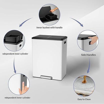 Large Stainless Steel Dual Compartment Recycling Trash Can 60 l/16 Gal Recycle Bins with Lid Waste Bin with Removable Buckets, Bathroom,Kitchen Garbage Can,White