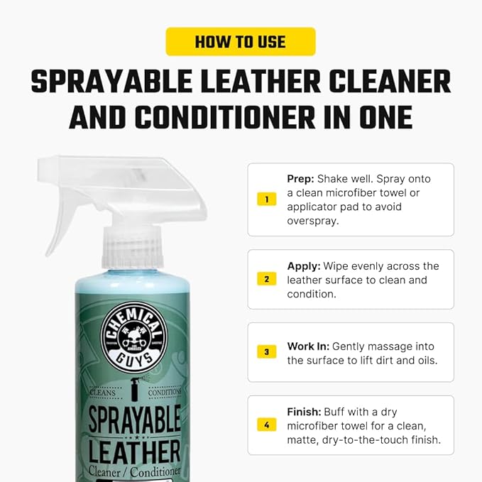 Chemical Guys Sprayable Leather Cleaner and Conditioner in One - Cleans, Conditions, and Protects Leather, Vinyl, Faux & More, Safe for Cars, Furniture & Apparel - 16 oz
