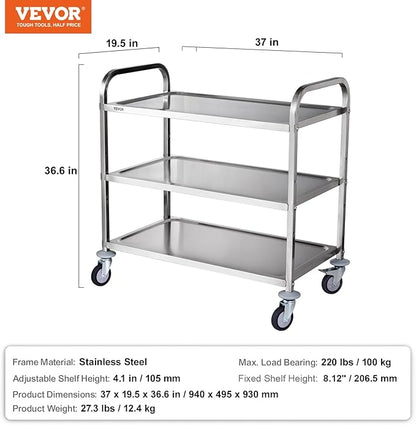 VEVOR Kitchen Utility Cart, 3 Tiers, Wire Rolling Cart with 220LBS Capacity, Steel Service Cart on Wheels, Metal Storage Trolley with 80mm Basket Curved Handle PP Liner 6 Hooks, for Indoor and Outdoor